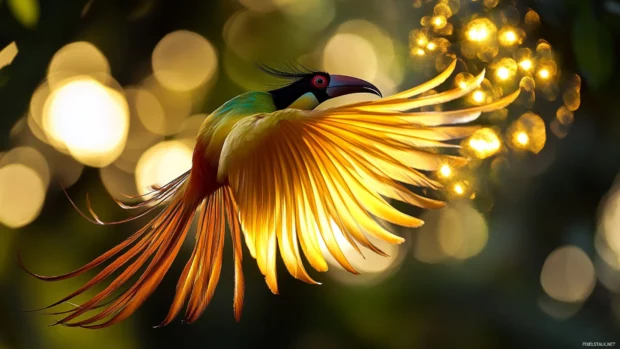 A male paradise bird in full courtship display, glowing iridescent wings forming a perfect circle.