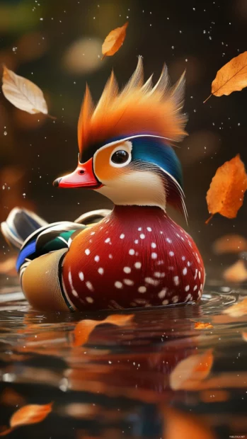 A mandarin duck floating in a narrow forest stream, autumn leaves gently falling around it.