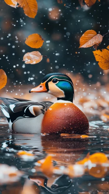 A mandarin duck floating in a narrow forest stream, autumn leaves gently falling around it.