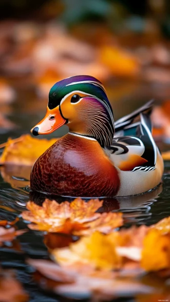 A mandarin duck floating in a narrow vertical stream framed by autumn leaves, elegant and colorful.
