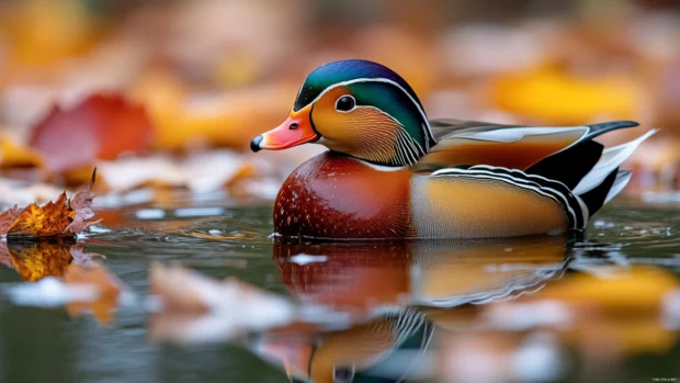 A mandarin duck floating on a calm pond, surrounded by fallen autumn leaves.