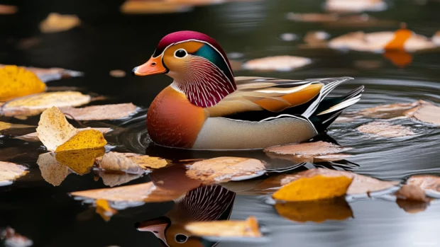 A mandarin duck floating on a calm pond, surrounded by fallen autumn leaves.
