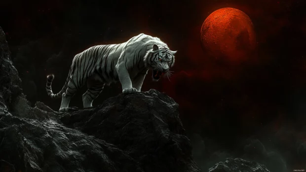 A massive white tiger standing on a rocky cliff, illuminated by a blood red moon, snarling at an unseen enemy.