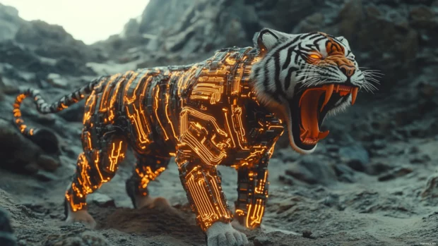 A mechanical tiger with glowing circuits embedded in its fur, standing in a futuristic wasteland, roaring with synthetic intensity.