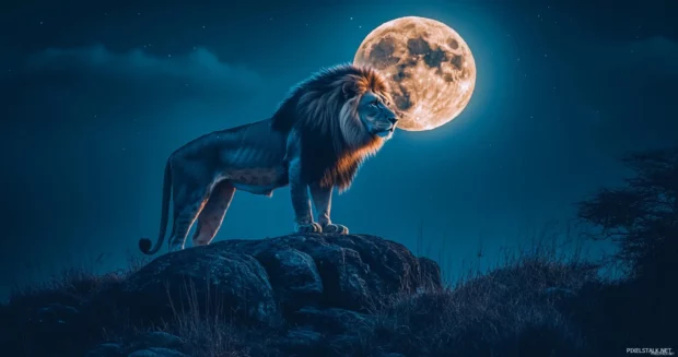 A mighty lion standing under a glowing full moon, its golden mane illuminated by the soft silver light.