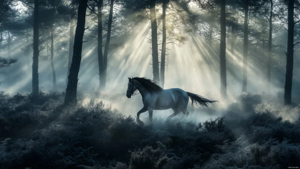 A misty forest with a galloping horse, sunlight breaking through the trees.