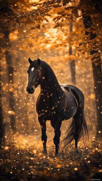 A mystical black horse standing in a glowing enchanted forest, surrounded by fireflies, its mane flowing like liquid shadow.