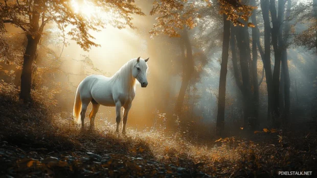 A mystical white horse standing in a fog covered enchanted forest, sunlight filtering through the ancient trees.