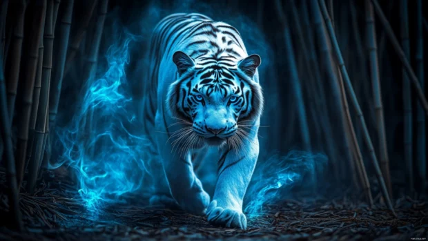 A mystical white tiger walking through a glowing bamboo forest, its fur shimmering as blue flames flicker around its body.