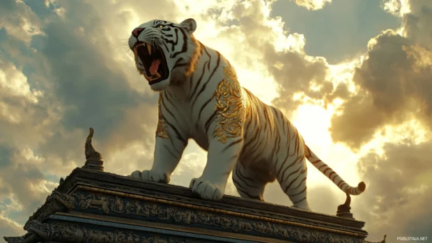 A mythic white tiger with golden tribal tattoos, standing atop an ancient temple, roaring as sunlight breaks through the clouds.