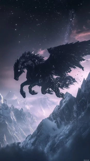 A mythical black Pegasus with massive wings, soaring high above the mountains at twilight, stars shimmering in the background.