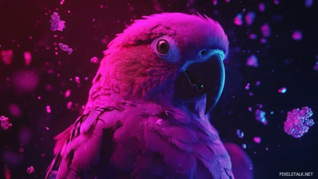 A neon inspired parrot glowing under ultraviolet jungle light, surrounded by floating particles in the dark.