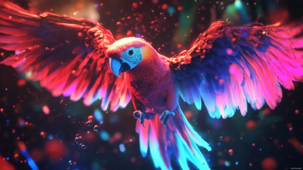 A neon inspired parrot glowing under ultraviolet jungle light, surrounded by floating particles in the dark.