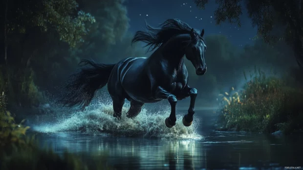 A nighttime river scene with a black horse dashing through shimmering water.
