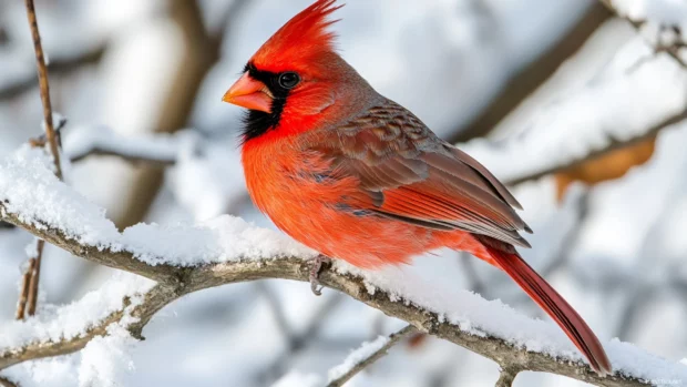 A northern cardinal resting on a snowy branch, bright red feathers contrasting the winter landscape.