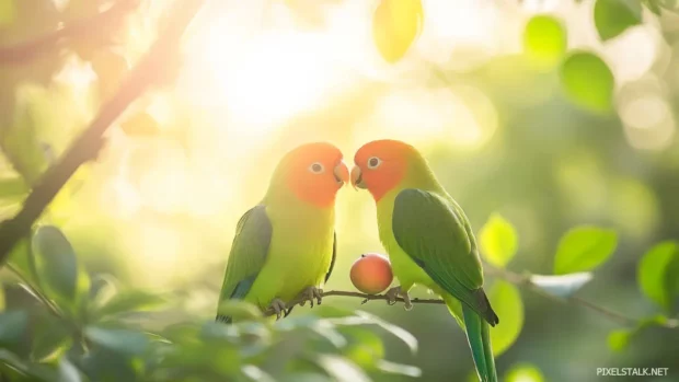 A pair of parrots sharing fruit in a vibrant tropical setting, soft sunlight and blurred greens creating a peaceful mood.