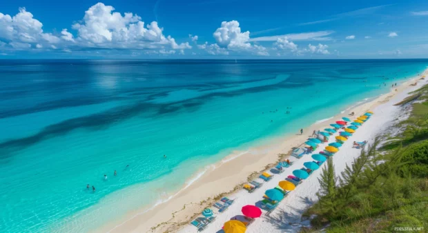 A panoramic view of a Bahamas beach with colorful umbrellas and loungers.