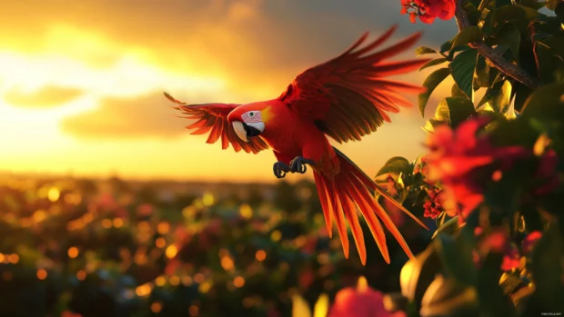 A parrot flying above the treetops as golden hour lights the sky, a dynamic parrot wallpaper.