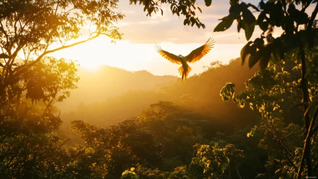 A parrot flying above the treetops as golden hour lights the sky, a dynamic parrot wallpaper.