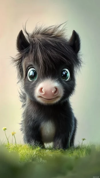 A pastel background featuring a pony with sparkling eyes and a soft mane.