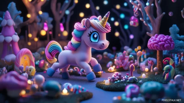 A pastel unicorn pony with glowing rainbow hair, trotting through a candy filled world.