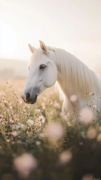 A pastel watercolor painting of a white horse standing in a field of wildflowers, soft and dreamy artistic effect.