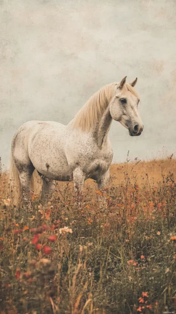 A pastel watercolor painting of a white horse standing in a field of wildflowers, soft and dreamy artistic effect.