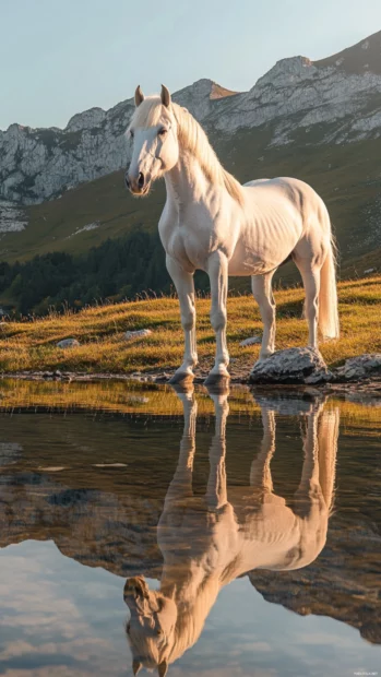 A peaceful lake scene with a white horse standing at the shimmering edge.