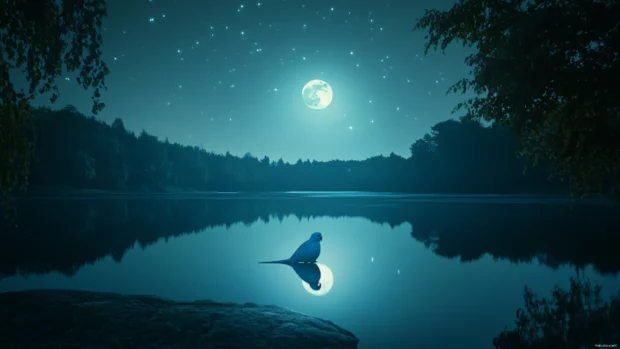 A peaceful moment with a blue parrot resting under moonlight, created for a parrot bird background.