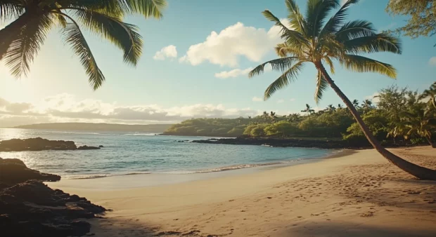 A peaceful morning at a Hawaii beach with soft light illuminating the sand and calm waters.