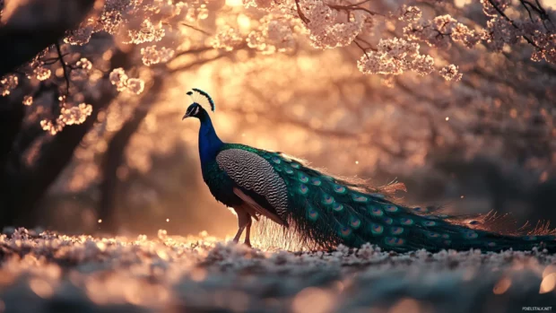 A peacock standing beneath cherry blossom trees, its shimmering tail trailing gracefully, ideal for bird wallpaper.