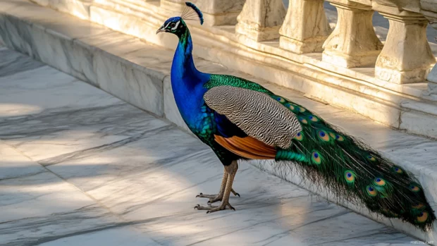 A peacock standing on a marble terrace as sunlight hits its tail feathers, creating a vibrant bird wallpaper.