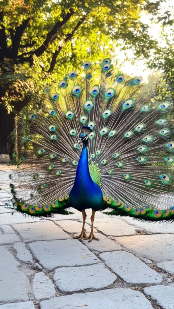 A peacock standing tall in the center of the frame, tail feathers trailing behind in perfect symmetry.