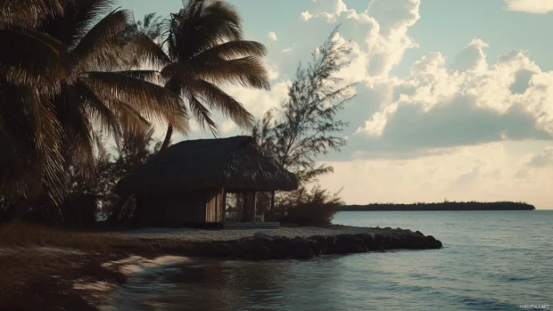 A picturesque Bahamas beach with swaying palm trees and a thatched roof cabana.