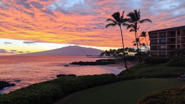 A picturesque sunset at a Hawaii beach with vibrant orange and pink skies reflecting on the ocean .