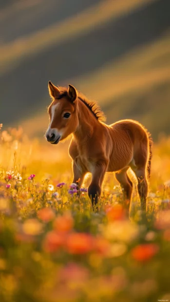 A playful foal trotting through a meadow, bright flowers blooming around.