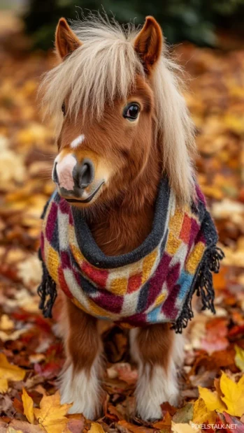 A playful pony in a vibrant blanket, standing among colorful autumn leaves.