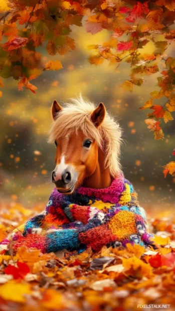 A pony wearing a colorful blanket, with a playful expression, surrounded by autumn leaves.