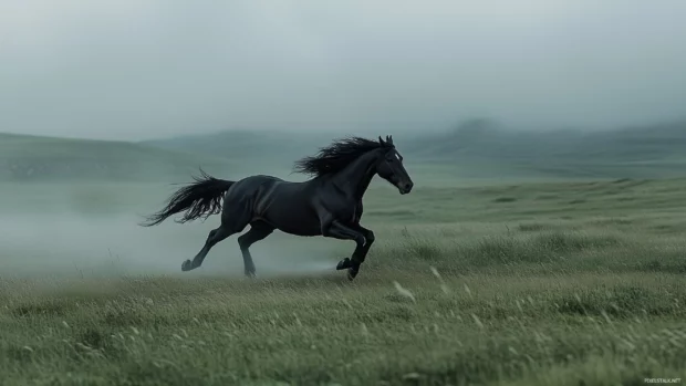 A powerful black horse galloping through a lush green meadow, its mane flowing in the wind, capturing the spirit of freedom and strength.