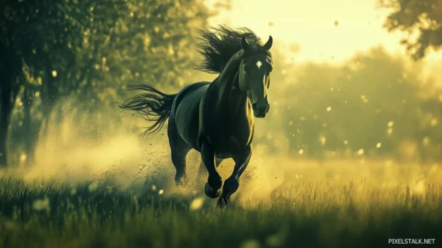 A powerful black horse galloping through a lush green meadow, its mane flowing in the wind, capturing the spirit of freedom and strength.