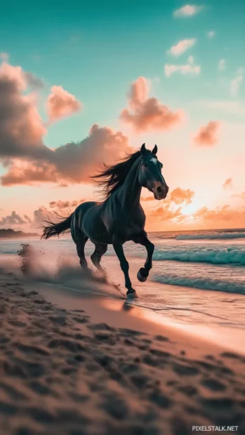 A powerful black horse racing along the shore, waves rolling behind.