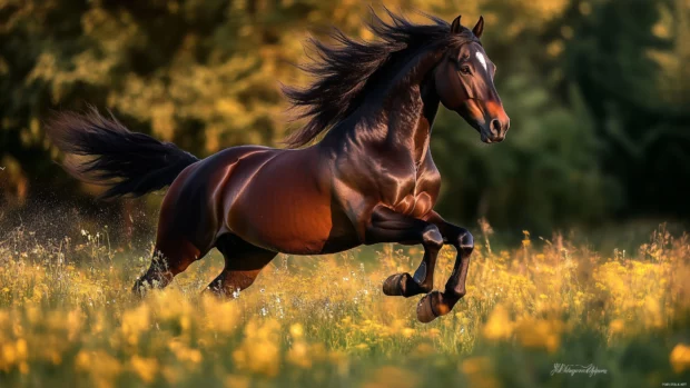 A powerful horse charging through grasslands, golden sunlight highlighting its form.