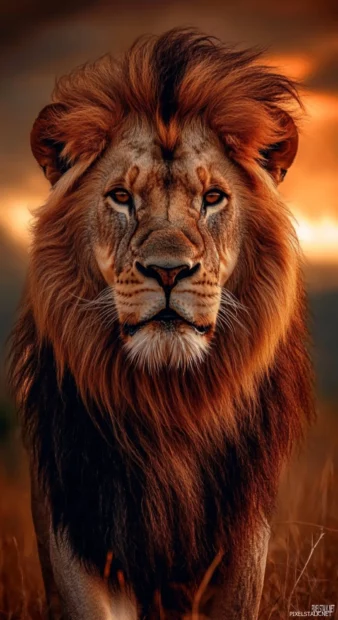 A powerful lion with piercing eyes standing under a blood red sunset.