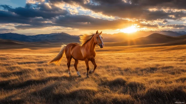 A powerful stallion running freely, its mane flowing in the sunset light.
