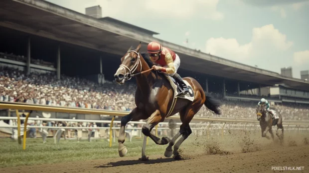 A powerful thoroughbred galloping at full speed, competition at its peak.