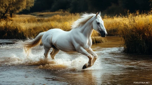 A powerful white horse galloping through a shallow river, water splashing around its muscular legs, freedom and grace.