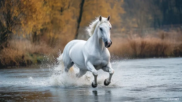 A powerful white horse galloping through a shallow river, water splashing around its muscular legs, freedom and grace.