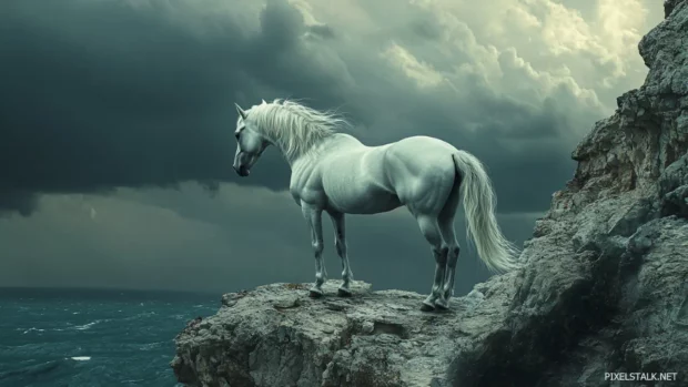 A powerful white horse standing on a rocky cliff, wind blowing through its mane, dramatic storm clouds in the background.
