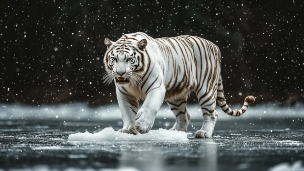 A powerful white tiger standing on a frozen river, its breath visible in the cold air, growling as snowflakes swirl around it.