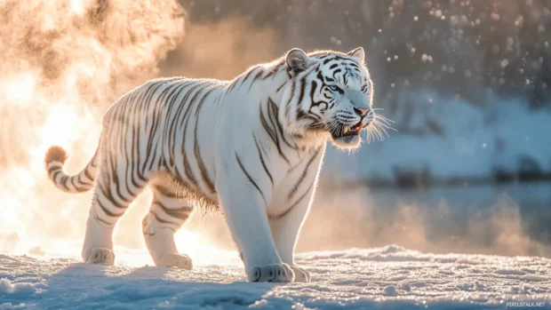 A powerful white tiger standing on a frozen river, its breath visible in the cold air, growling as snowflakes swirl around it.